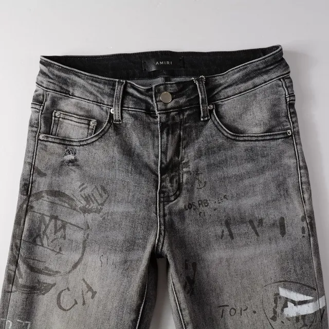 Distressed Graffiti-Print Washed Gray Slim-Fit Jeans 5