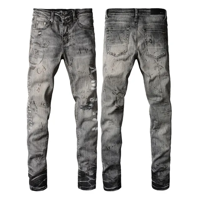 Distressed Graffiti-Print Washed Gray Slim-Fit Jeans 6