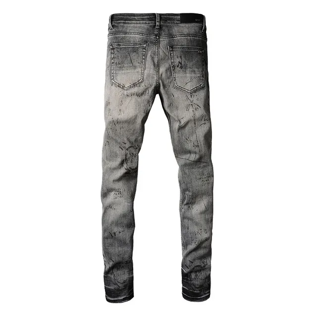 Distressed Graffiti-Print Washed Gray Slim-Fit Jeans 7