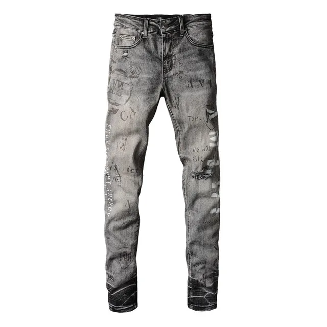 Distressed Graffiti-Print Washed Gray Slim-Fit Jeans 8
