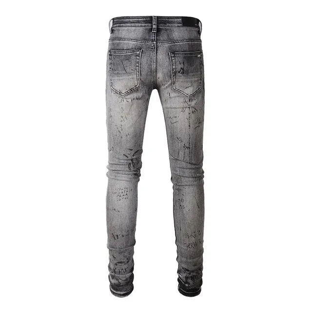 Distressed Graffiti-Print Washed Gray Slim-Fit Jeans 9