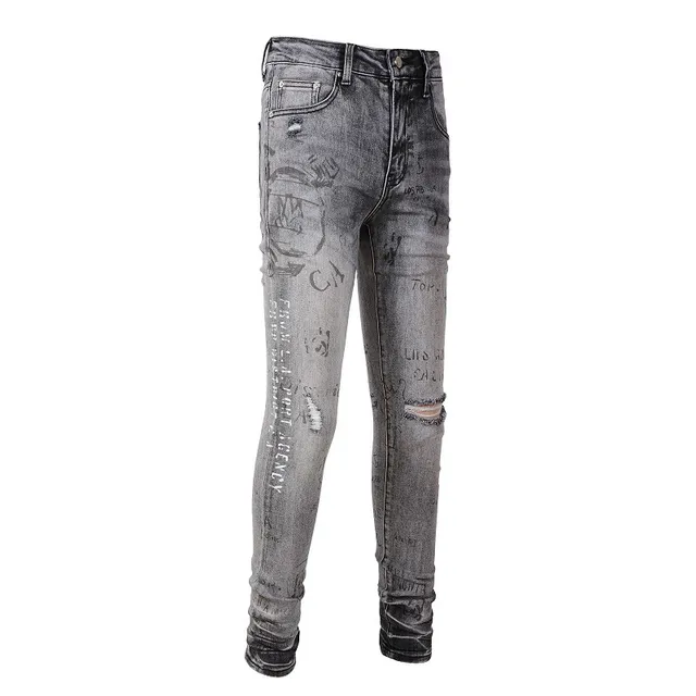 Distressed Graffiti-Print Washed Gray Slim-Fit Jeans 10