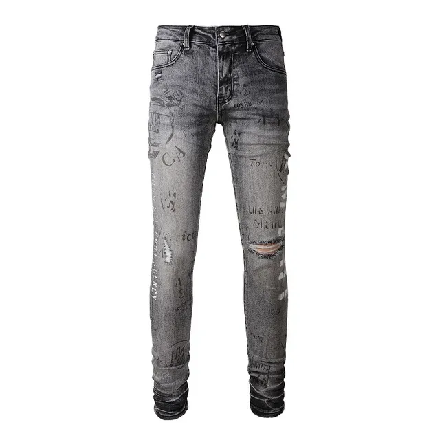Distressed Graffiti-Print Washed Gray Slim-Fit Jeans 11