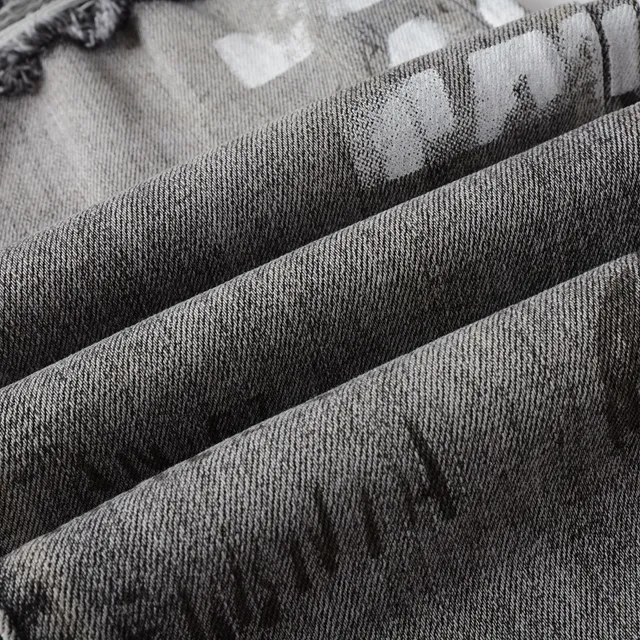 Distressed Graffiti-Print Washed Gray Slim-Fit Jeans 12