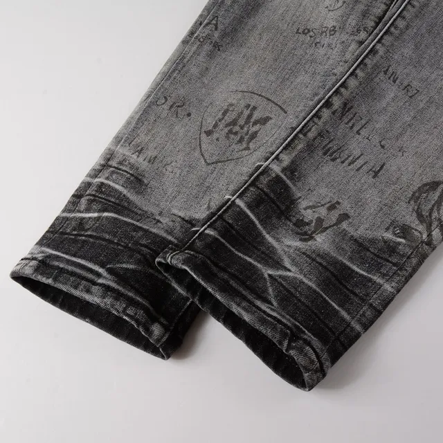 Distressed Graffiti-Print Washed Gray Slim-Fit Jeans 13