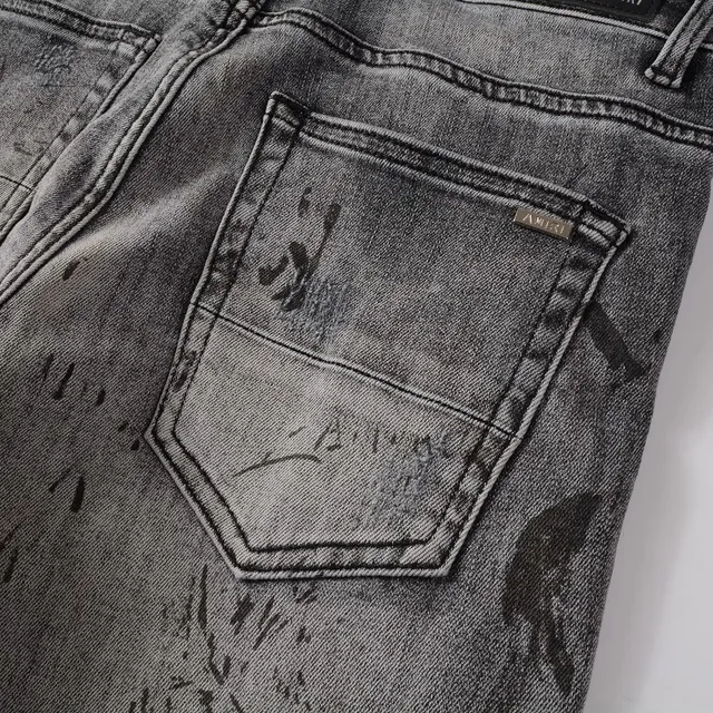 Distressed Graffiti-Print Washed Gray Slim-Fit Jeans 15