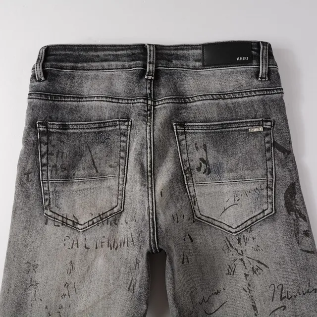 Distressed Graffiti-Print Washed Gray Slim-Fit Jeans 16