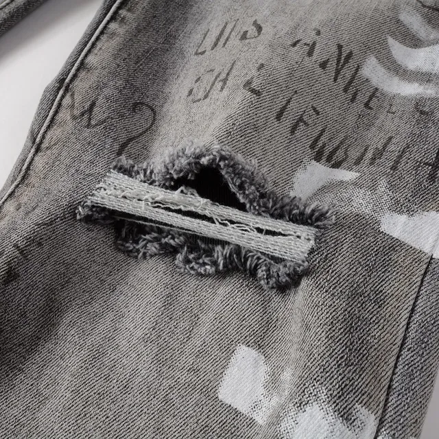 Distressed Graffiti-Print Washed Gray Slim-Fit Jeans 17