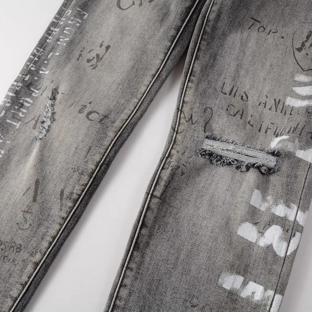 Distressed Graffiti-Print Washed Gray Slim-Fit Jeans 18