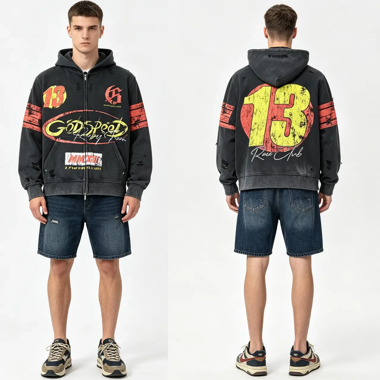 Distressed Graphic-Print Full-Zip Hoodie 2