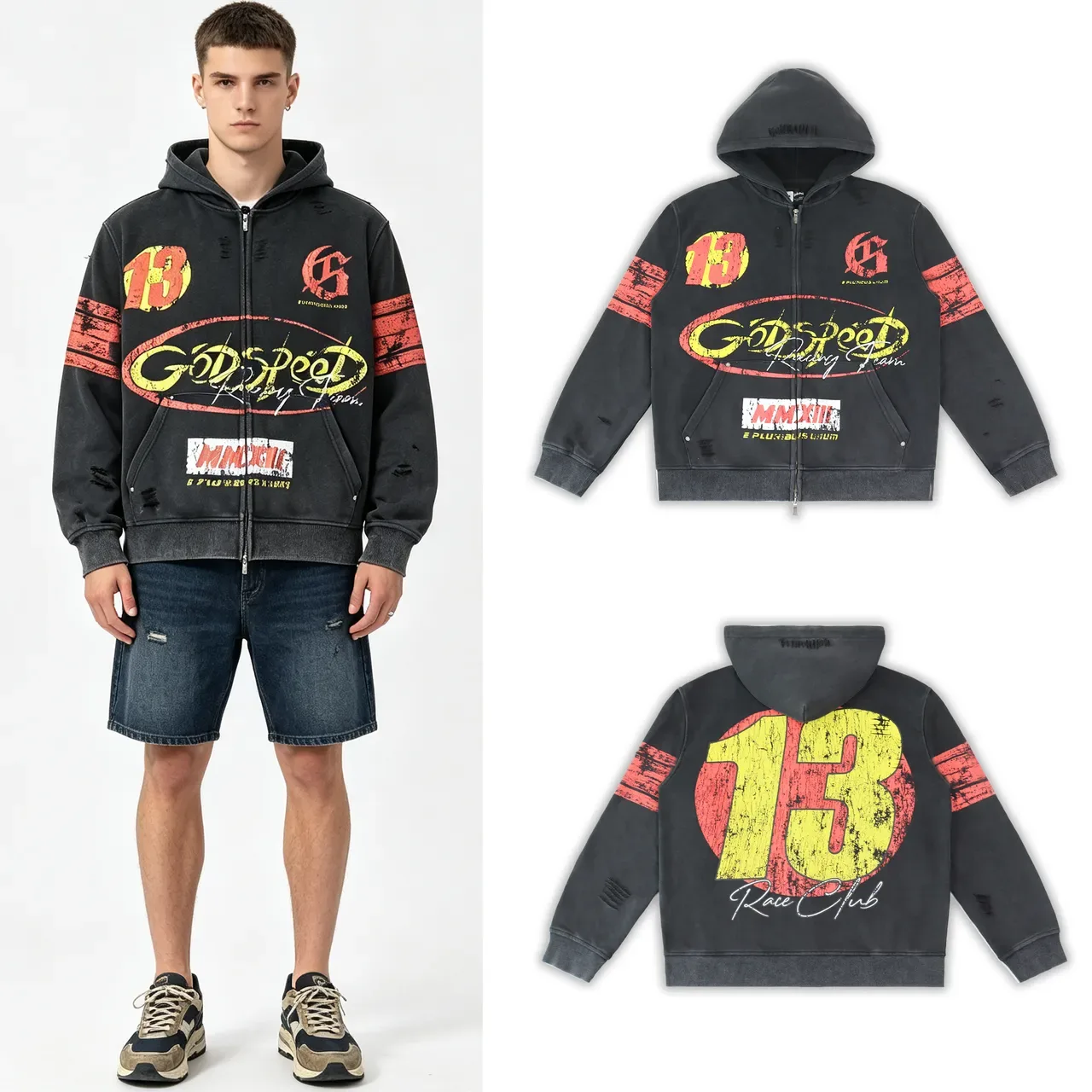 Distressed Graphic-Print Full-Zip Hoodie 3