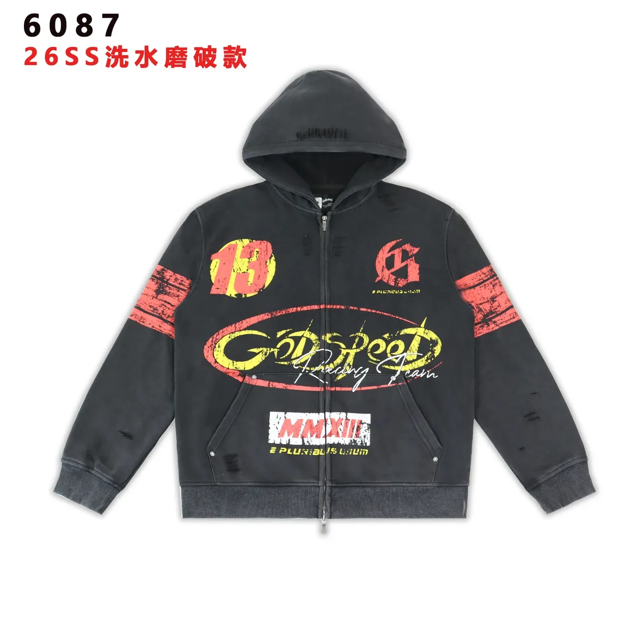 Distressed Graphic-Print Full-Zip Hoodie 4