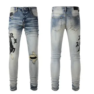 Distressed Light-Wash Graphic-Print Slim-Fit Jeans