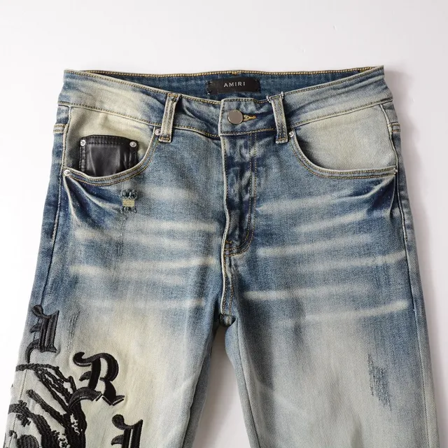 Distressed Light-Wash Graphic-Print Slim-Fit Jeans 5