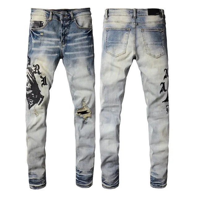 Distressed Light-Wash Graphic-Print Slim-Fit Jeans 6