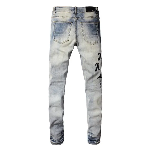 Distressed Light-Wash Graphic-Print Slim-Fit Jeans 7