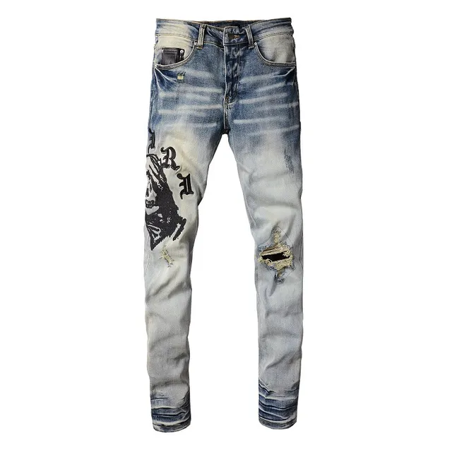 Distressed Light-Wash Graphic-Print Slim-Fit Jeans 8