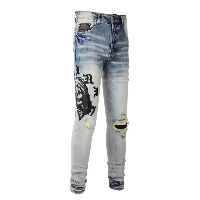 Distressed Light-Wash Graphic-Print Slim-Fit Jeans 10