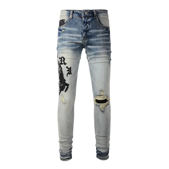 Distressed Light-Wash Graphic-Print Slim-Fit Jeans 11