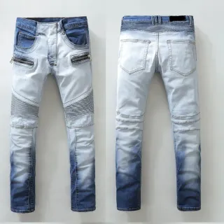 Distressed Ombre Wash Zip-Pocket Moto Panel Jeans