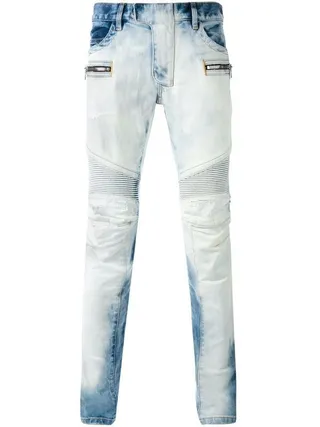 Distressed Ombre Wash Zip-Pocket Moto Panel Jeans 3