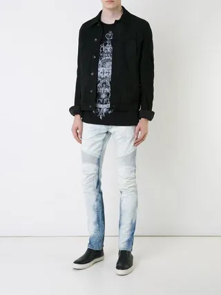 Distressed Ombre Wash Zip-Pocket Moto Panel Jeans 4