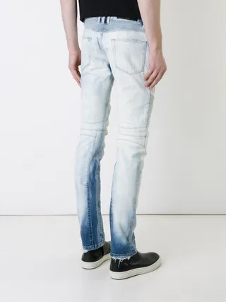 Distressed Ombre Wash Zip-Pocket Moto Panel Jeans 6