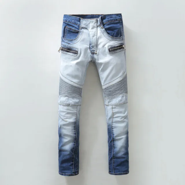 Distressed Ombre Wash Zip-Pocket Moto Panel Jeans 7