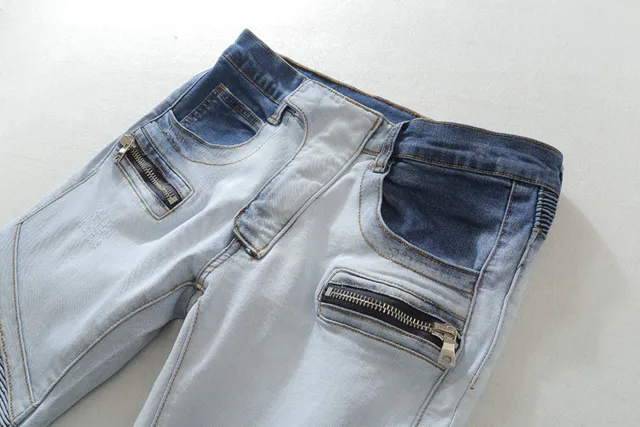 Distressed Ombre Wash Zip-Pocket Moto Panel Jeans 10