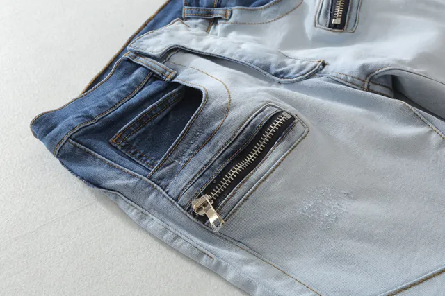 Distressed Ombre Wash Zip-Pocket Moto Panel Jeans 13