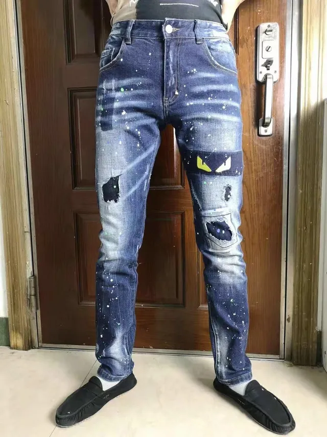 Distressed Paint-Splatter Decorated Denim Jeans 2