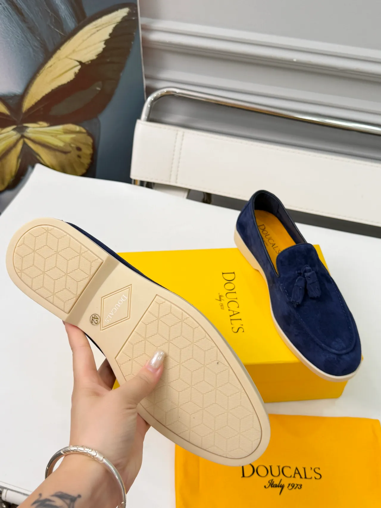 DOUCAI'S Bleu marine Beige Daim Borlure Détail Mocassin 2
