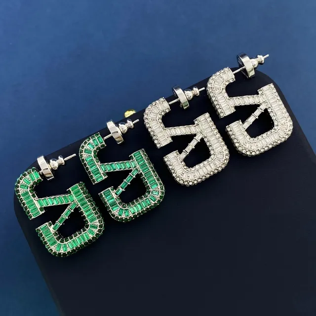 Emerald and Clear Baguette Crystal Letter-Shaped Oversized Stud Earrings 2