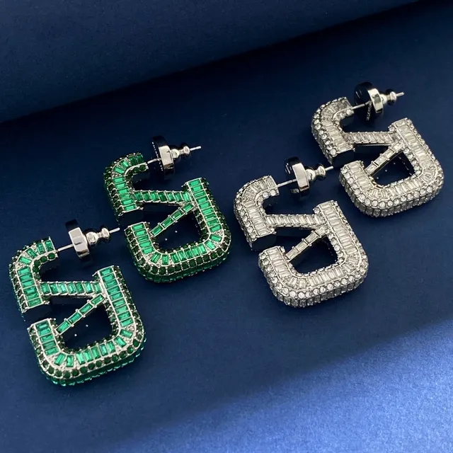 Emerald and Clear Baguette Crystal Letter-Shaped Oversized Stud Earrings 4