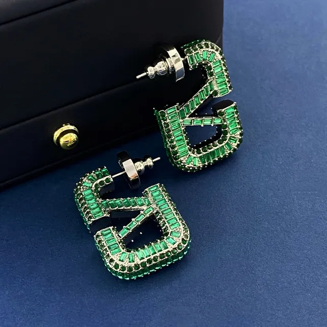 Emerald and Clear Baguette Crystal Letter-Shaped Oversized Stud Earrings 5