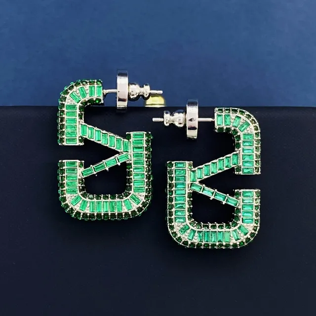 Emerald and Clear Baguette Crystal Letter-Shaped Oversized Stud Earrings 6
