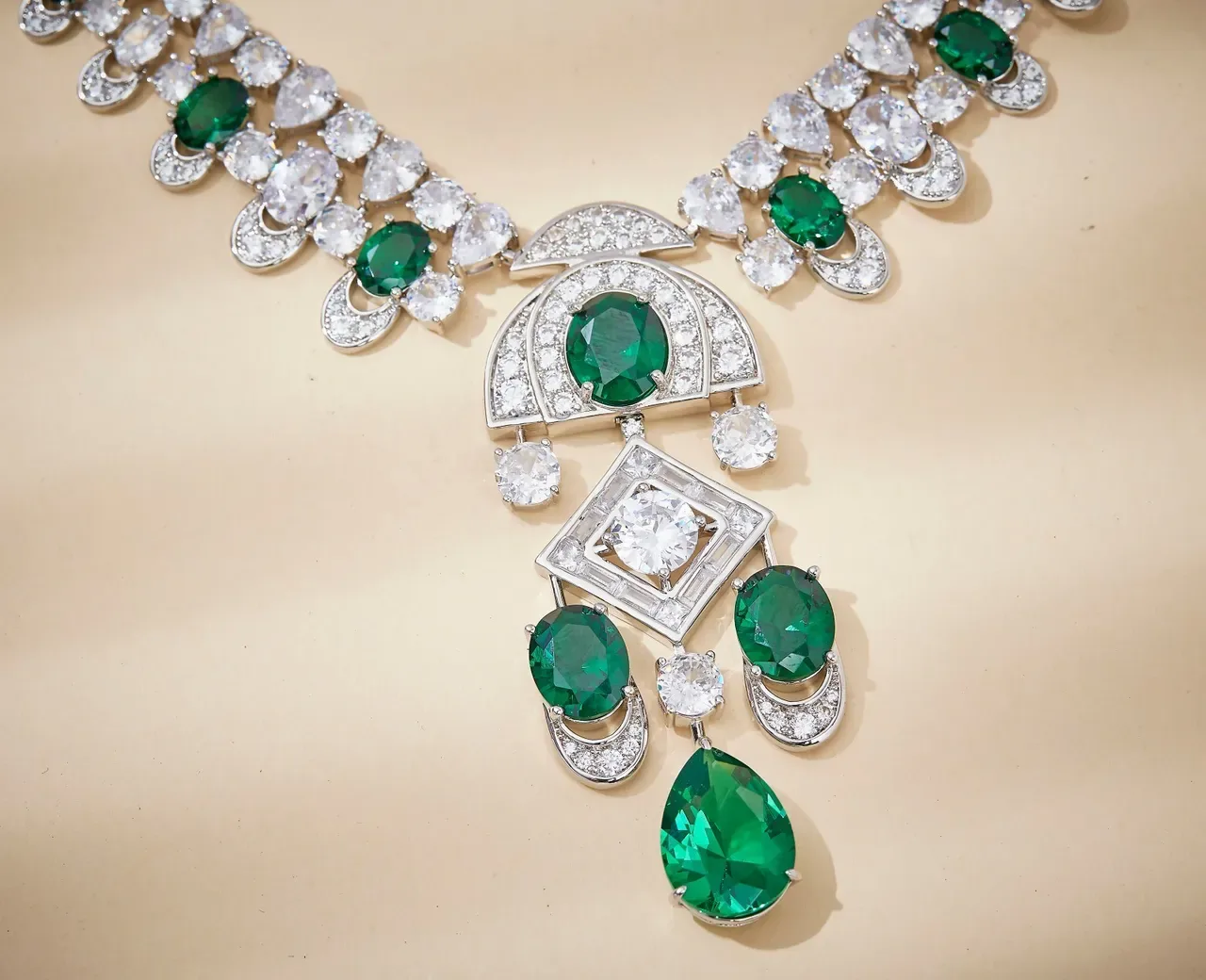 Emerald and Diamond Multi-Tiered Pendant Necklace 3