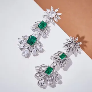 Emerald-Cut Green and Clear Stone Floral Drop Earrings