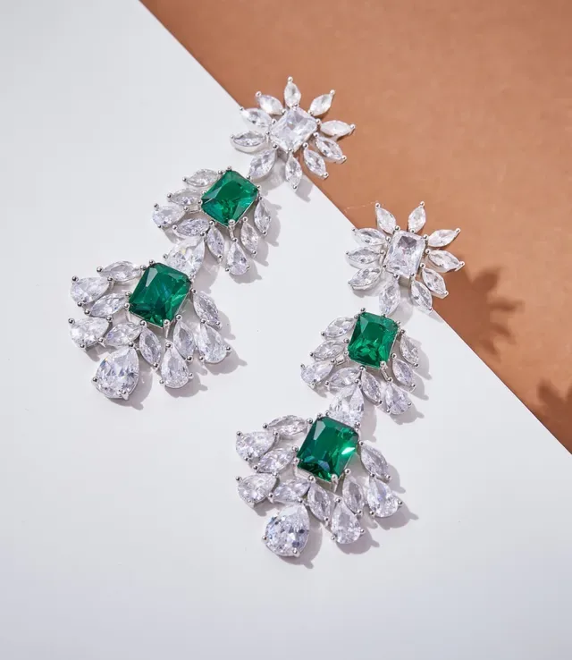 Emerald-Cut Green and Clear Stone Floral Drop Earrings 2
