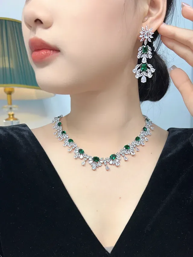 Emerald-Cut Green and Clear Stone Floral Drop Earrings 3