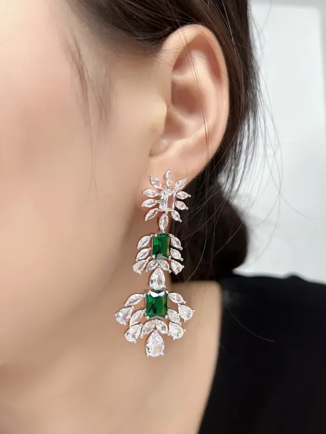 Emerald-Cut Green and Clear Stone Floral Drop Earrings 5