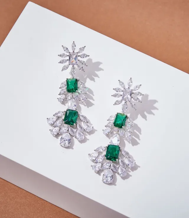 Emerald-Cut Green and Clear Stone Floral Drop Earrings 6