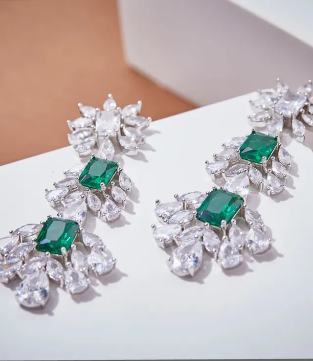 Emerald-Cut Green and Clear Stone Floral Drop Earrings 7