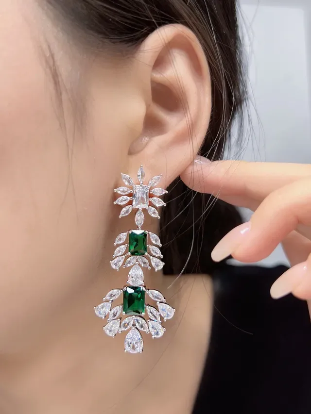 Emerald-Cut Green and Clear Stone Floral Drop Earrings 8