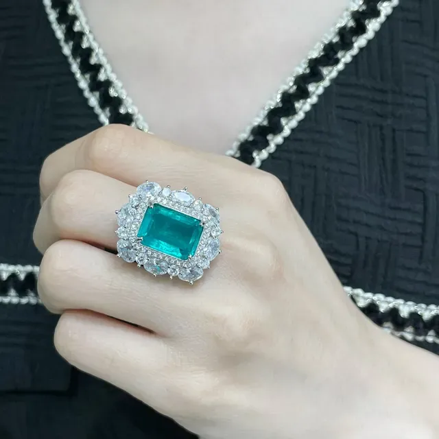 Emerald-Cut Green Gemstone Halo Cluster Ring 9