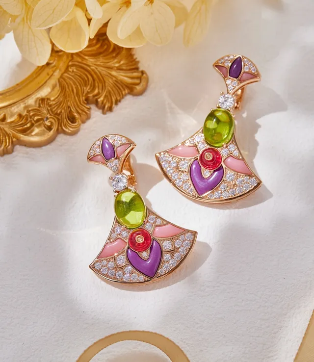Fan-Shaped Enamel and Cabochon Gemstone Earrings 1