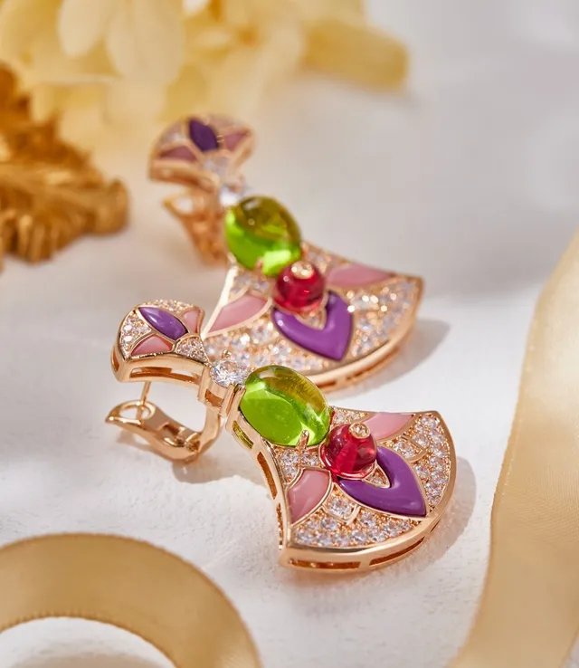 Fan-Shaped Enamel and Cabochon Gemstone Earrings 3