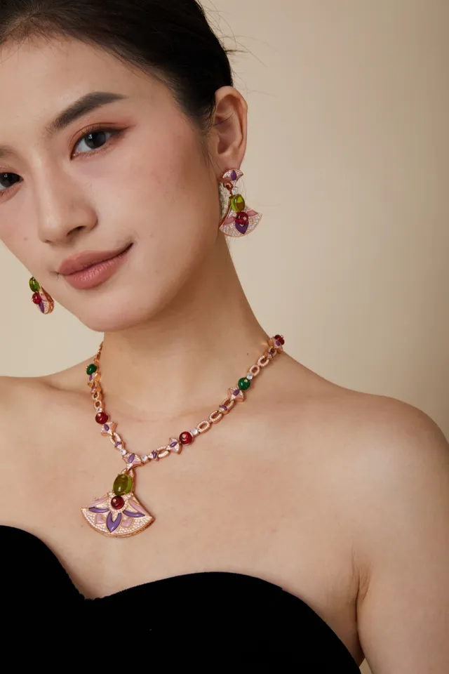 Fan-Shaped Enamel and Cabochon Gemstone Earrings 4