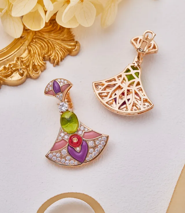 Fan-Shaped Enamel and Cabochon Gemstone Earrings 6