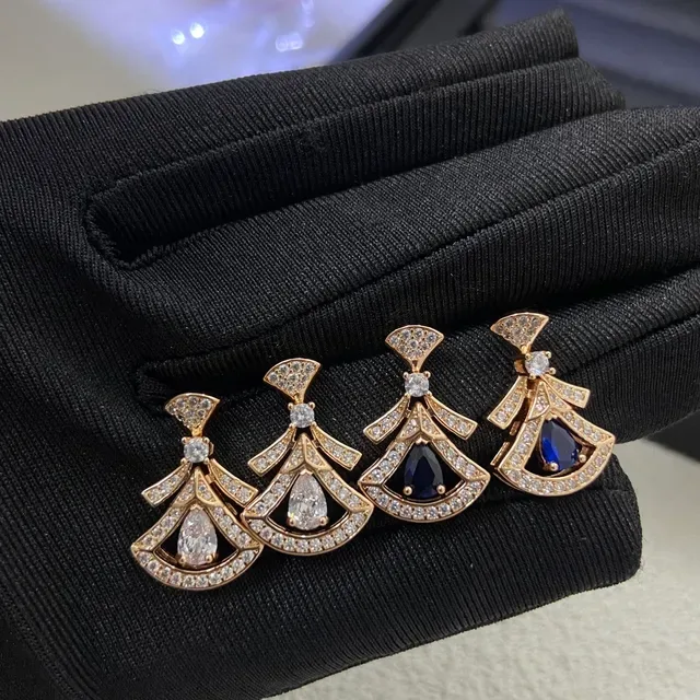 Fan-Shaped Pavé-Set Teardrop Sapphire Gold-Tone Earrings 2